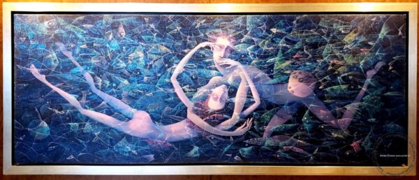 Peisaj marin abstract, Nuduri inotand printre pesti, Adam si Eva