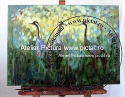 Tablou abstract ulei pe panza, Egrete, peisaj in cutit din delta dunarii