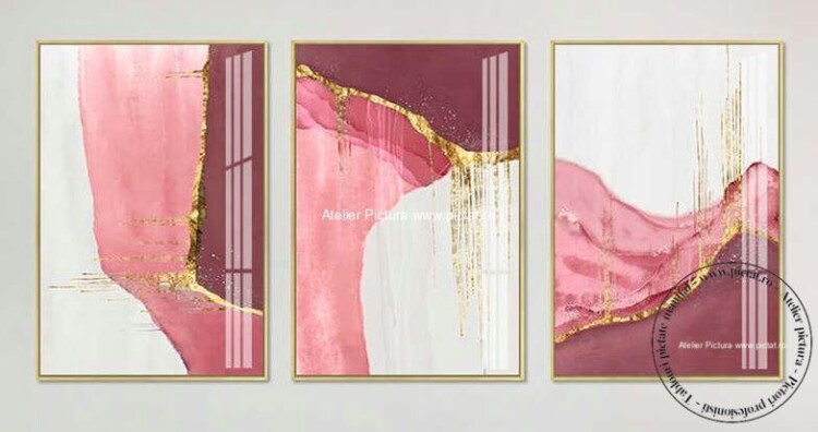 Tablou abstract decorativ contemporan, Set 3 tablouri cu insertii foita de aur