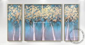 Tablou abstract decorativ modern, set 3 tablouri, pomi cu frunze de aur
