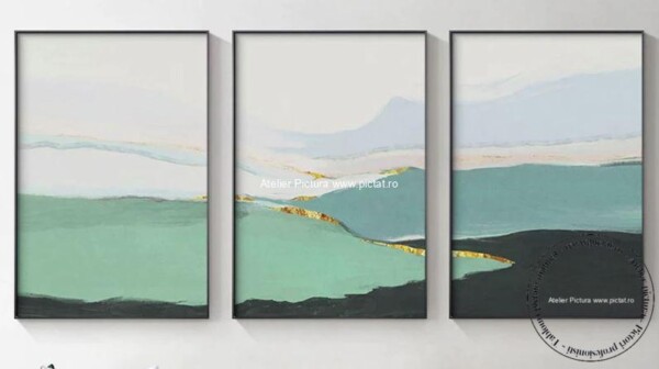 Tablou abstract triptic, Set 3 tablouri, Peisaj primavara, cu insertii foita aur