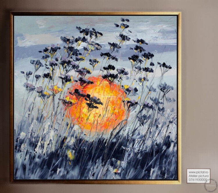 Tablou abstract modern, peisaj cu flori de camp la rasarit de soare