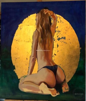 Tablou nud la apus de soare, tablou abstract ulei pe panza, foita de aur