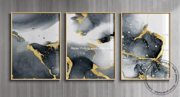 Tablou triptic abstract modern decorativ, Insertii foita de aur, Set 3 tablouri