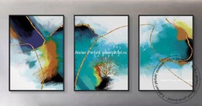 Tablouri living, abstract decorativ modern, set 3 tablouri, verde smarald
