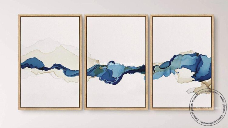 Univers fluid, Tablou abstract modern decorativ albastru, Set 3 tablouri