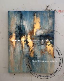 Pictura in cutit, Pictură în ulei, Tablou abstract albastru alb beumarin placat cu foita de aur