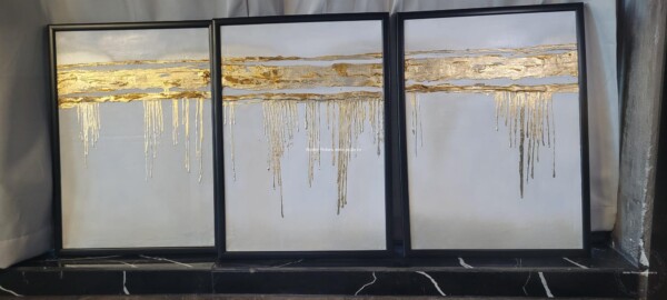 Set tablouri abstracte moderne, Pictura in cutit cu foita de aur, 3 paneluri