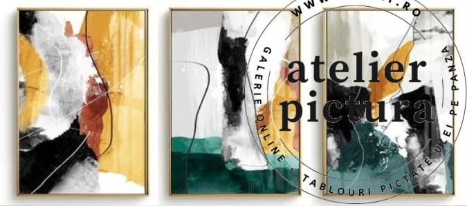 Burgundy Interjection, Tablouri set 3 picturi sufragerie, Tablou abstract modern pictat in ulei, Tablou verde, Tablou auriu, Tablou efect 3d, tablou rasina epoxidica