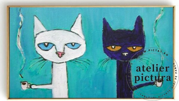 Tablou abstract pictat manual, Tablouri cuplu, Pisici pictate, picturi cu pisici, Tablou pisica, Tablouri cu animale