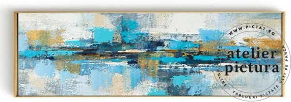 Tablou albastru, Tablou auriu, Pictura abstracta, Tablou abstract pictat manual,150x50cm