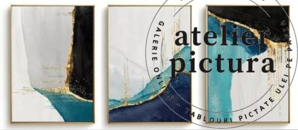 Tablouri set 3 picturi alb albastru marin negru auriu, tablou sufragerie, Tablou abstract modern pictat in ulei