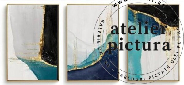 Tablouri set 3 picturi, tablou alb turcoaz albastru auriu sufragerie, Tablou abstract modern pictat in ulei