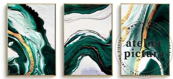 Tablouri set 3 picturiliving, Tablou abstract modern pictat in ulei, Tablou verde, Tablou auriu, Tablou efect 3d tablou epoxidica