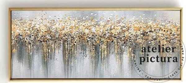Buchet de flori aurii, Tablou abstract auriu, Tablou living 3d, Tablouri pictate de vanzare 150x70cm