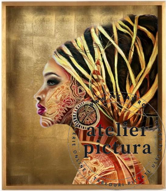 Picturi de vanzare, Tablouri abstracte Picturi cu foita de aur, Portret femeie Africana cu tatuaje