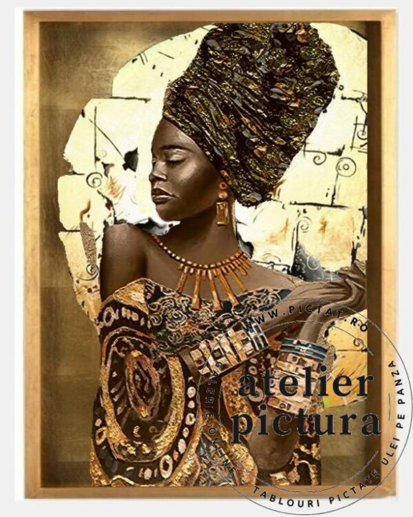 Picturi de vanzare, Tablouri abstracte Picturi cu foita de aur, Portret femeie Africana peisaj cu luna plina