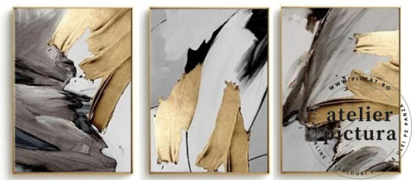 Tablou alb negru auriu, Tablouri set 3 picturi, tablou sufragerie, Tablou abstract modern pictat, Tablouri pictate de vanzare