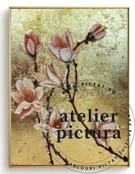 Tablou cu flori de magnolii, pictura cu foita de aur