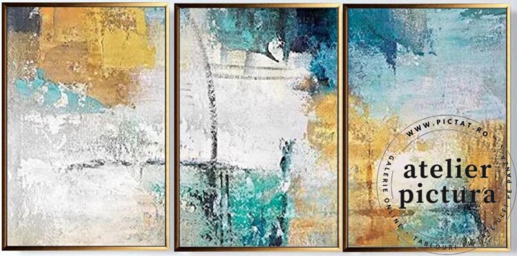 Set 3 tablouri abstracte moderne, Tablou pictat ulei pe panza