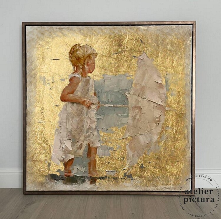 Tablou abstract in cutit cu foita de aur, Fetita blonda cu umbrela