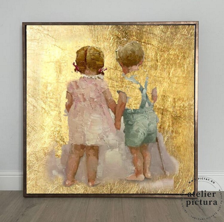 Tablou abstract in cutit pictura foita de aur, Tablou cu copii, Frate si sora