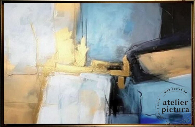 Tablou abstract pictat manual, Pictura in cutit ulei pe panza, Textura impasto, Albastru Maro Alb, Tablou original unicat