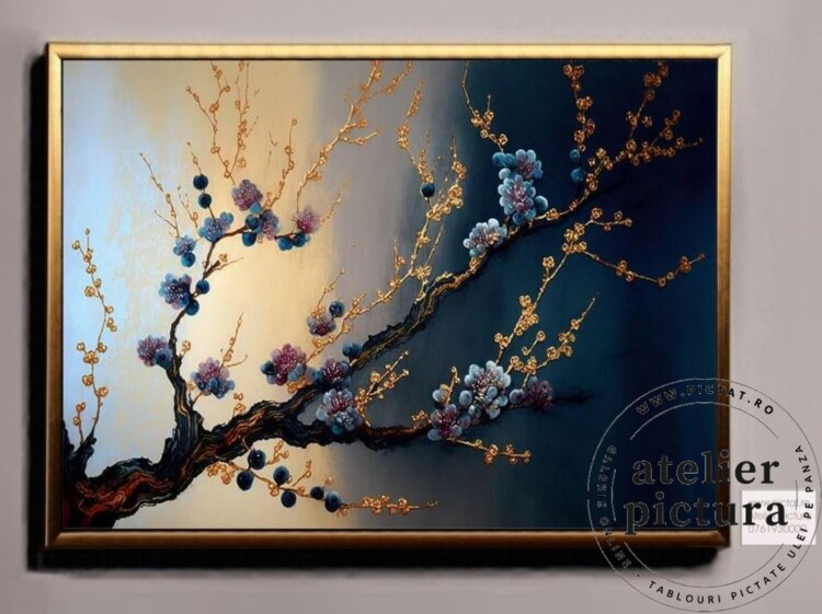 Tablouri abstracte decor interior modern, Tablou copac cu flori, Tablou pictat manual