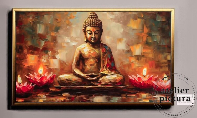 Simboluri chinezesti Buddha si floare de lotus Tablouri pictate manual, tablouri abstracte Zen