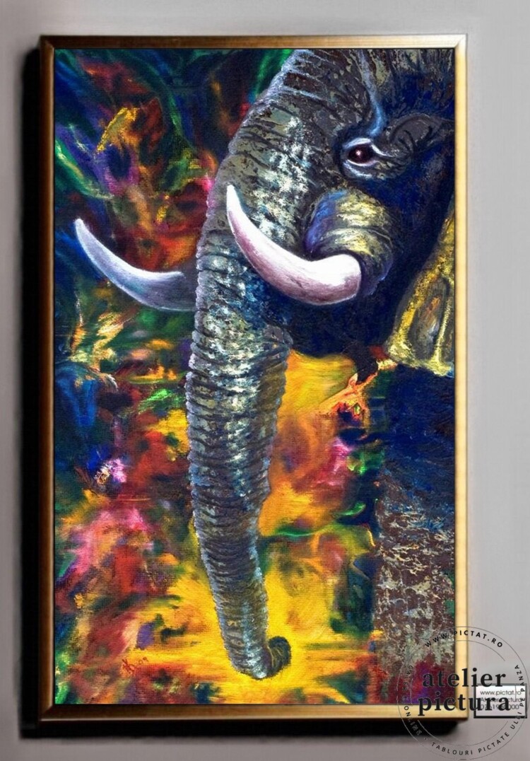 Tablou pictat manual, tablou cu elefant, Pictura ulei pe panza multicolora