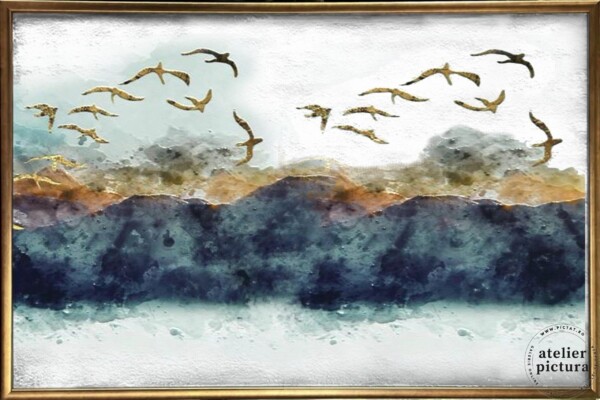 Pictura pasari in zbor Tablou abstract albastru alb pictat manual placat cu foita de aur