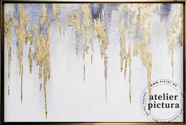 Tablou abstract auriu alb, pictura in cutit placata cu foita de aur