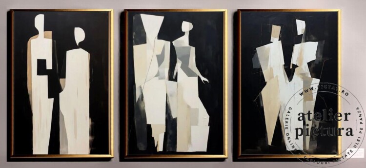 Set 3 tablouri pictate manual ulei pe panza, alb negru crem, pictura abstracta oameni