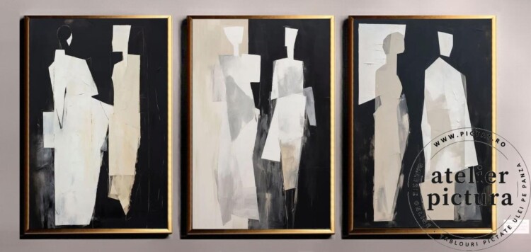 Set 3 tablouro pictate manual ulei pe panza, alb negru crem, pictura abstracta oameni