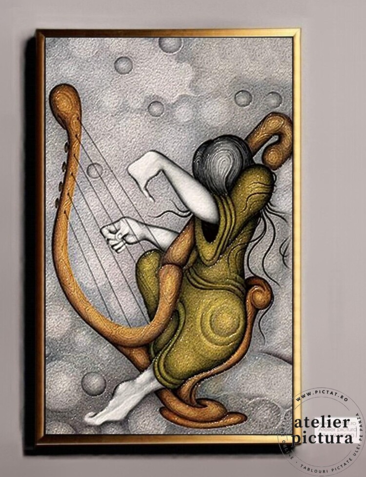 Cantec de harpa, tablou tehnica mixta, modelaj pictura ulei
