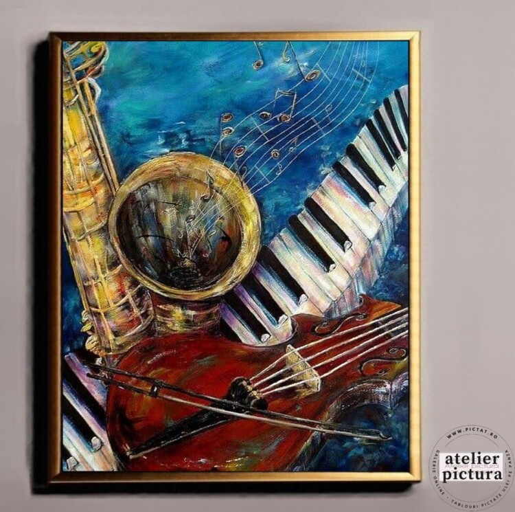 Tablou abstract instrumente muzicale sufragerie pictura in ulei pe panza, placat cu foita de aur