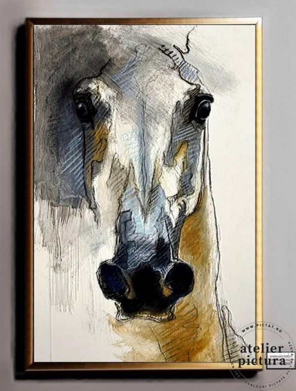 Armasar alb, portret cal, Tablou abstract pictat manual