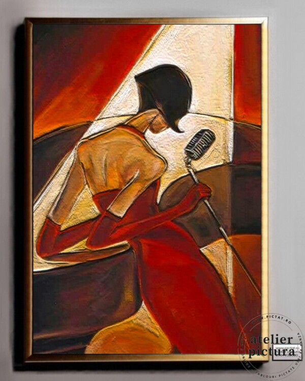Cantareata de jazz cu rochie rosie, Tablou abstract modern pictat manual