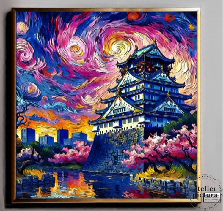 Castelul Osaka pe cerul înstelat al nopții, Tablou abstract pictat manual