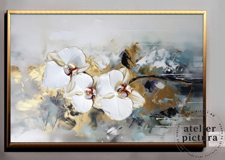 Flori de primavara, orhidee albe, Tablou abstract pictat manual, pictura ulei pe panza auriu alb