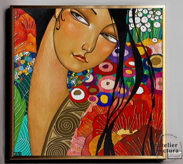 Gradina cu flori, Pictura portret femeie, Tablou pictat manual, pictura ulei pe panza