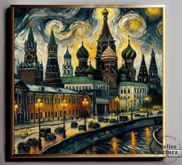 Peisaj Catedrala Sfântul Vasile, Piața Roșie Moscova, Tablou abstract pictat manual, inspiratie Van Gogh