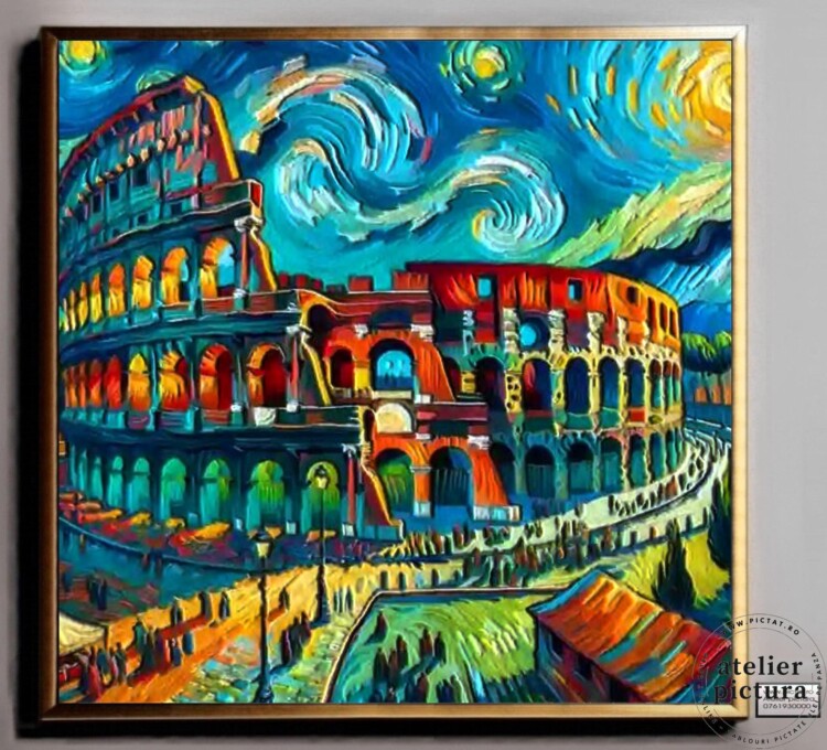 Peisaj Colosseumul,amfiteatru in orașul Roma Italia, Tablou abstract pictat manual