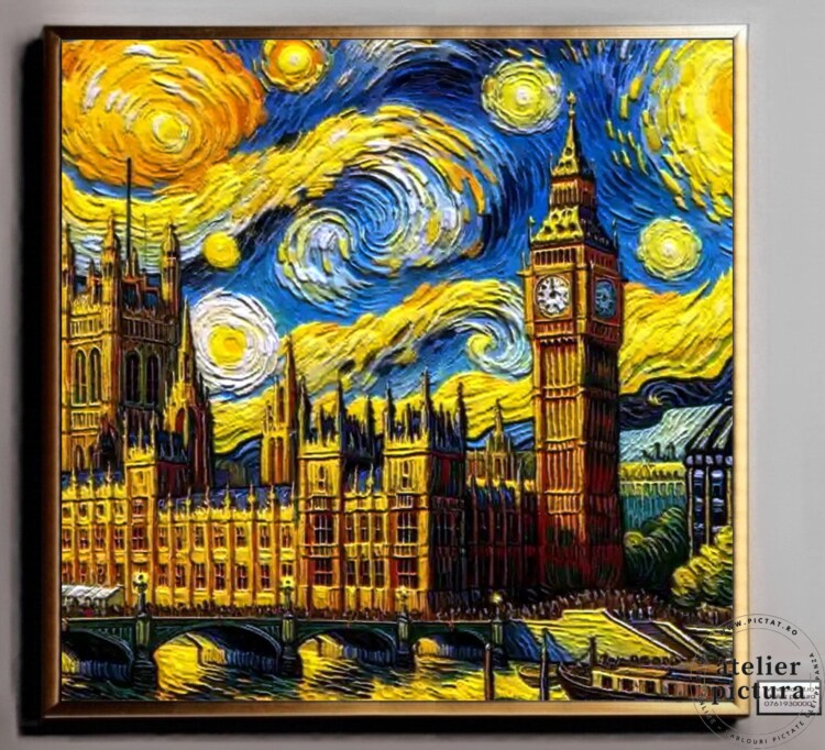 Peisaj Londra într-o noapte cu stele inspirate de Van Gogh, Tablou abstract pictat manual