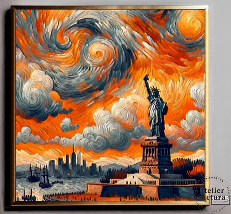 Peisaj New York, Statuia libertatii, Tablou abstract pictat manual