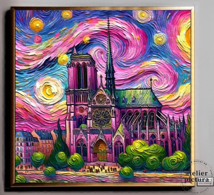 Peisaj Paris, Notre Dame Tablou abstract pictat manual, inspiratie Van Gogh