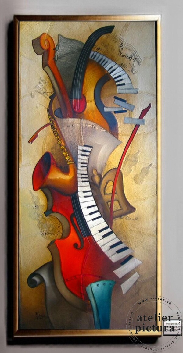 Pictura Magazin de muzica si instrumente muzicale, Tablou abstract pictat manual