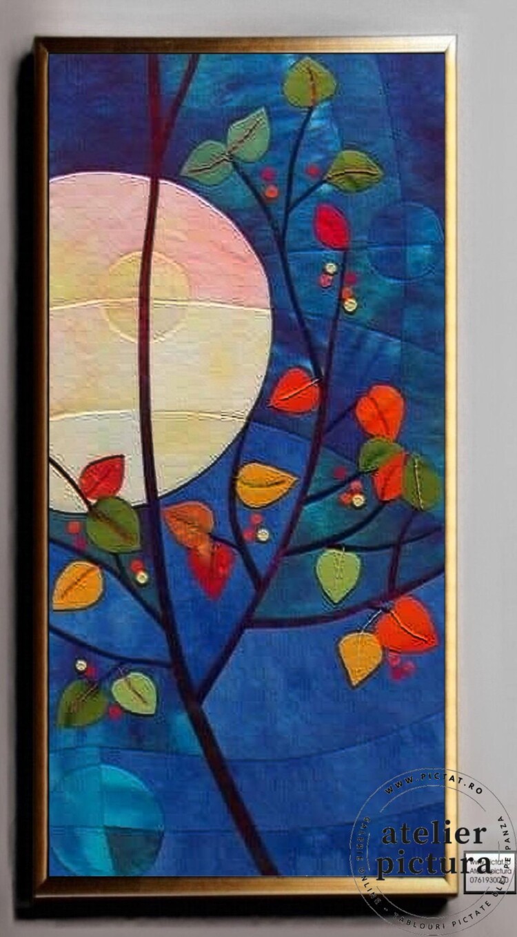 Pictura ramura cu frunze, Tablou abstract pictat manual ulei pe panza, pictura texturata