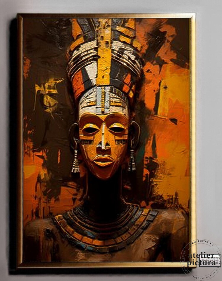 Portret african, Tablou abstract pictat manual, pictura ulei pe panza oranj cafeniu