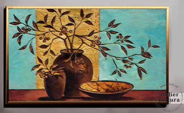 Ramuri cu frunze in vas de lut, Tablou abstract modern pictat manual